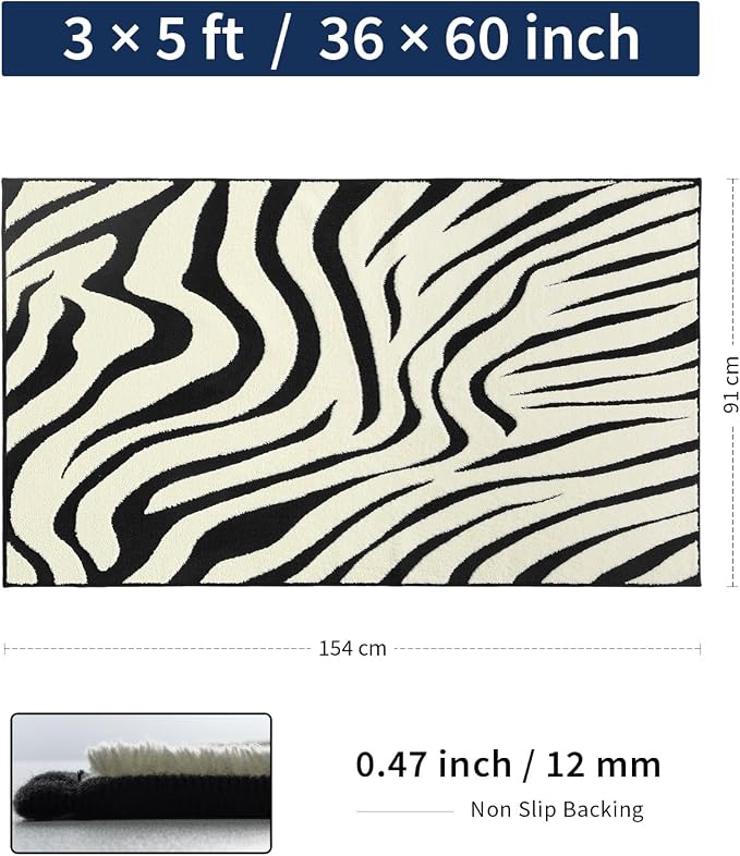 YIHOUSE Zebra Entryway Rugs 3×5: Modern Washable Non-Slip Small Area Rug | Black and Cream White Stripe, Textured High Low Pile, Fluffy Soft, Floor Carpet for Bedroom, Nursery, Living Room, Kids Room