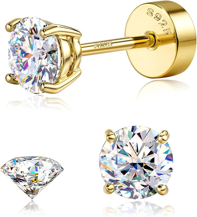 GEMQUEEN Moissanite Earrings Studs : 18K Gold Plated Solid 925 Sterling Silver Stud Earring for Women Men Hypoallergenic Dainty Moissanite Jewelry for Sensitive Ears Round Cut D Color VVS1 2-7.5mm