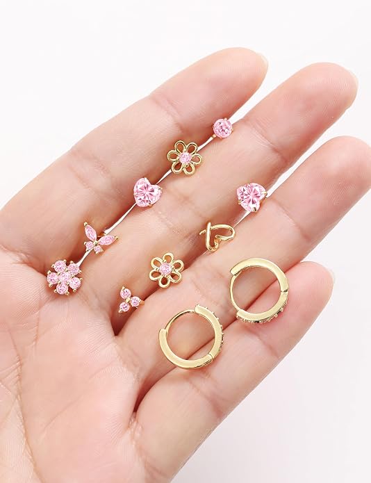AKEOQI 10 Pairs Hypoallergenic Flat Back Earrings Gold Silver Plated Surgical Steel Small Stud Huggie Hoop Earring for Women Butterfly Flower Heart Bow Pink CZ Stack Cartilage Earrings Set 20G 10 MM