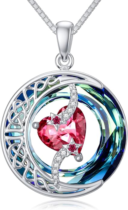 TOUPOP Birthstone Necklace 925 Sterling Silver Moon and Star Pendant Celtic Moon Jewelry with Blue Crystal Anniversary Birthday Gifts for Women Mom Wife Her