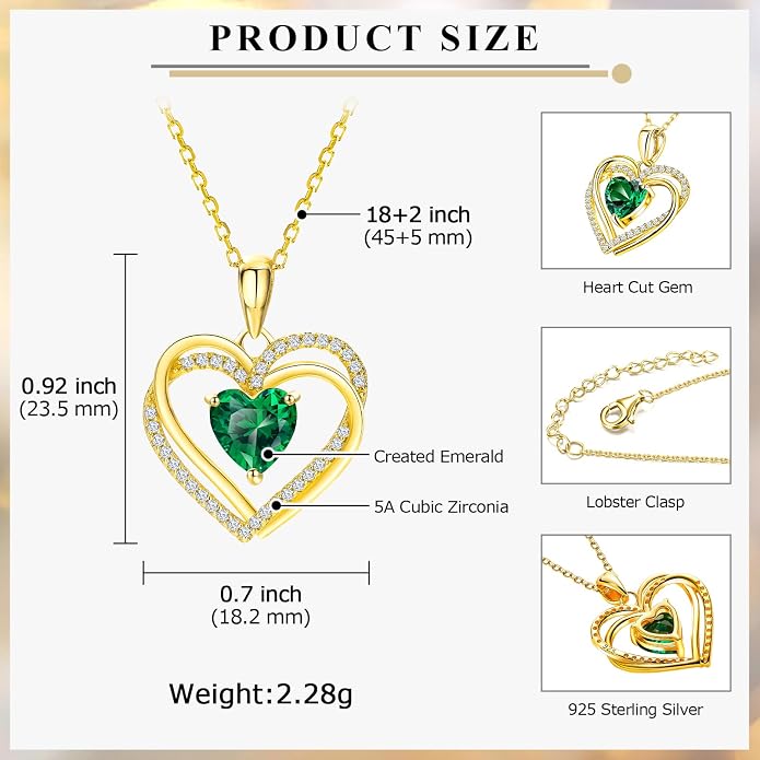 Anniversary Charm Necklace, Sterling Silver 14K Gold Plated Chain with Interlocking Heart Pendant Elegant Birthstone Necklaces for Women, Length 18"