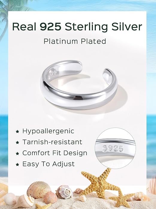 ChicSilver Sterling Silver Toe Rings for Women 14K Gold Plated Toe Rings for Women Open Adjustable Toe Ring for Women Toe Jewelry for Summer Beach