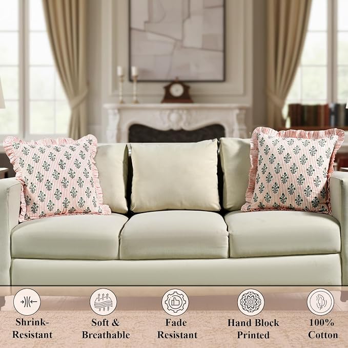 Ridhi Block Print Salmon Blossom Throw Pillow Cover 18" x 18" (Pack of 2) Decorative Cushion Covers with Ruffle for Couch, Sofa, Bed, Living Room, Home Decor Gift for Spring, Easter, Valentine