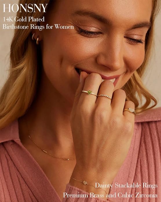 Honsny Heart Birthstone Gold Rings for Women Non Tarnish 14K Gold Plated Stackable CZ Gemstone Emerald Pinky Ring Dainty Engagement Promise Rings for Her Waterproof Jewelry Graduation Gifts Size 6-10