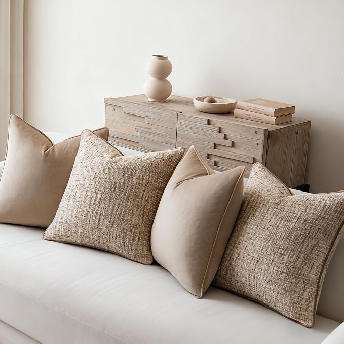 a moment Khaki 4 Pack Throw Pillow Covers - Chenille & Velvet Set with Piping, Farmhouse Textured Design Cushion Cases for Couch Sofa Bed (18x18 Inch, No Insert)