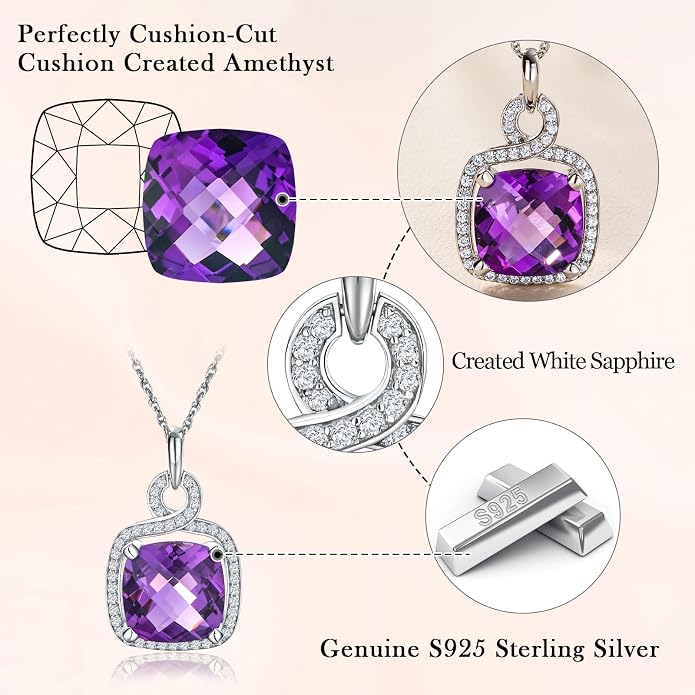 Birthstone Necklace for Women 925 Sterling Silver Cushion/Pear Cut Created Gemstone Halo Pendant Necklace Birthstone Jewelry