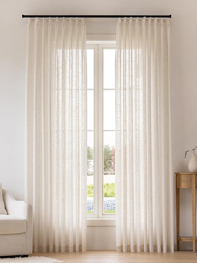 Liz Pinch Pleated Linen Curtains 100 Inches Long - Light Filtering Curtains for Living Room, Semi Sheer Window Curtains for Bedroom, Luxury Pinch Pleated Drapes with Hooks, Natural, 2 Panels Set