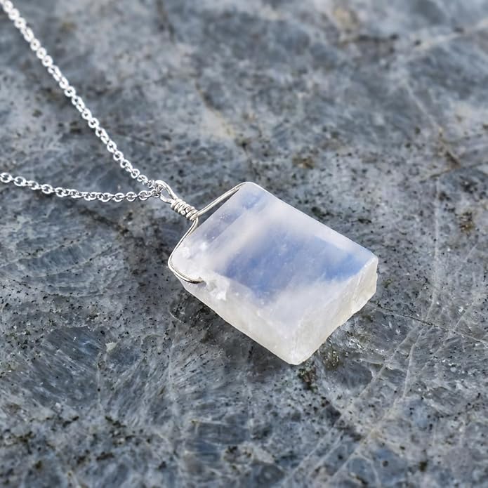 Natural Raw Gemstone Crystal Dainty Pendant Necklace for Women, Healing Chakra Stone, Birthstone, Handmade Jewelry, Rhodium Plated 925 Sterling Silver Chain 18" Gift for her