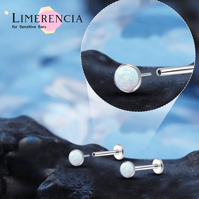 limerencia 18G Hypoallergenic Titanium Opal Threadless Nose Stud Earrings, 2PC Flat Back Push in Stud Earrings Labret Medusa Monroe Helix Cartilage Tragus Conch Piercing Jewelry for Women Men