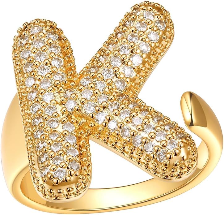 FindChic Initial Ring for Women, Gold Plated Chunky Letter Rings Open Adjustable Trendy Sparkling Cubic Zirconia Personalized Statement Rings Jewelry Gift