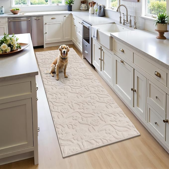 Vaukki 2x6 Runner Rug for Living Room, Soft Fluffy Washable Modern Floral Indoor Floor Mat, Non Slip Shaggy Boho Accent Throw Carpet for Bedroom, Living Room, Nursery and Dining Room, Beige