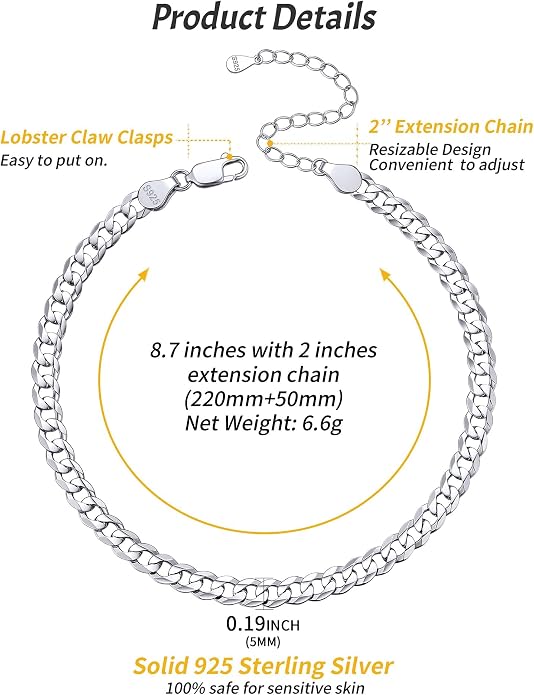 ChicSilver 925 Sterling Silver Ankle Bracelet for Women, Simple Cuban Link/Figaro/Twist Rope Chain Anklets for Beach Party(with Gift Box)