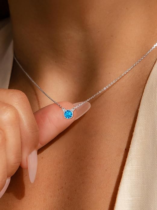 ChicSilver Bow and Cat Birthstone Necklace, 925 Sterling Silver Pendant Necklaces for Women, Hypoallergenic Silver Choker with 16 inch Rolo Chain, 12 Months Jewelry for Valentines Mothers Day Christmas