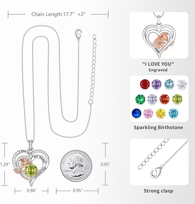 Birthstone Heart Necklaces for Women 925 Sterling Silver Fine Jewelry Rose Pendant Necklace Anniversary Birthday Mothers Day Gifts Her Wife Women Mom Daughter