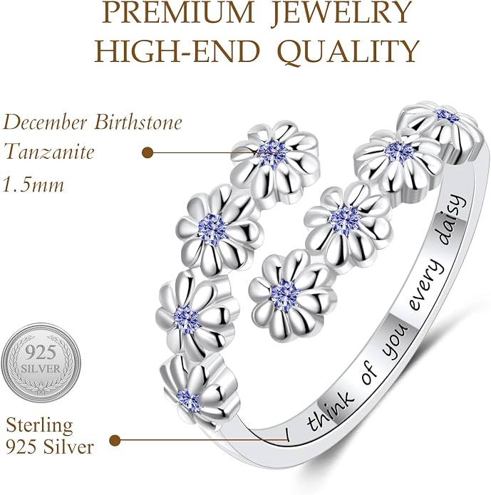 Dainty Daisy Ring for Women, S925 Sterling Silver Cubic Zirconia Sunflower Flower Ring For Daughter, I Think Of You Every Daisy Ring, Birthstone Flower Ring