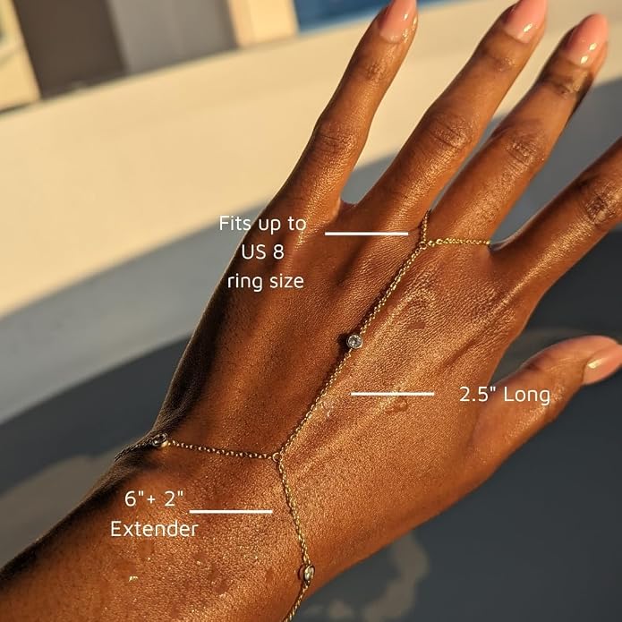 Faire de la Mode Dainty Hand Chain Bracelet for Women – Adjustable 14k Gold Plated Ring Bracelet Hand Chain with AAA CZ Tarnish-Resistant Jewelry for Small to Medium Hands