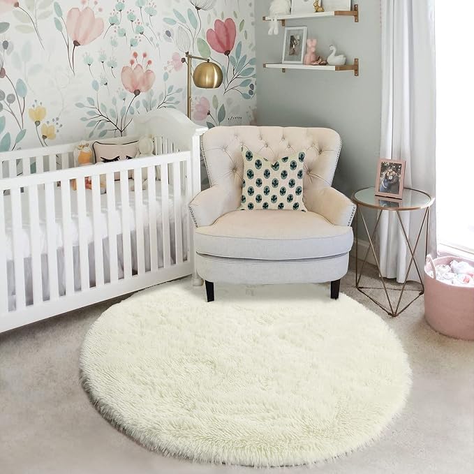 Amdrebio Ivory White Small Round Rug 3Ft for Kids Bedroom Aesthetic, Fluffy Fuzzy Furry Circle Area Rugs for Living Room, Circular Plush Soft Shaggy Cream Carpet for Baby Nursery Dorm Teen Girls Boys