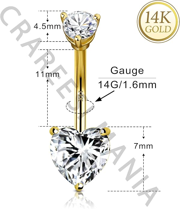 CM Crareesi Mania 14K Solid Gold Belly Rings Heart Cubic Zirconia Belly Button Piercing Rings 14G Yellow Gold Navel Piercing Jewellery Prong Set Navel Rings