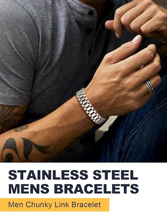 U7 Link Bracelets for Men, Cuban Link/Rope/Watch Band Solid Bracelet, Silver Black Gold Color Wrist Bracelet 3/6/9/12/15mm Width, 6.5/7.5/8.3 Inch Length, Hand Chain Jewelry for Mens Women