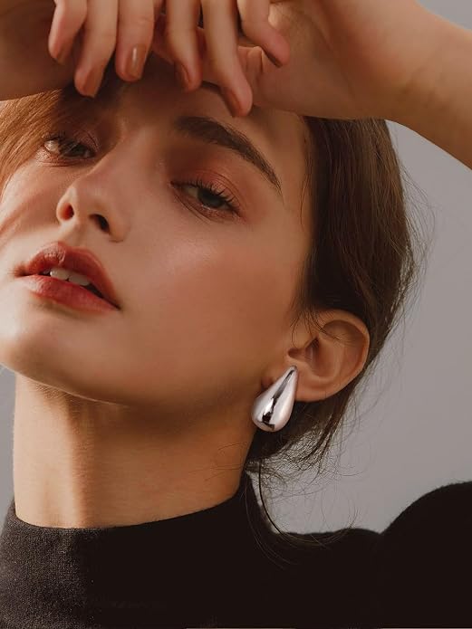KeyStyle Chunky Gold Hoop Earrings for Women Trendy, Stainless Steel TearDrop Hoops Earring, Lightweight Water Drop Ear Jewerly