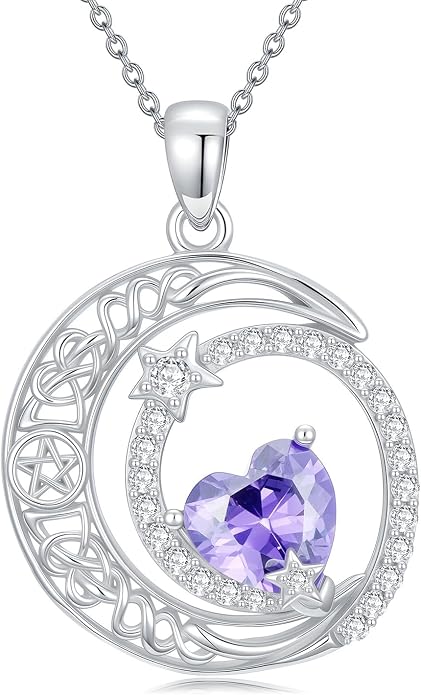 Dorunmo Heart Birthstone Necklace for Women 925 Sterling Silver Moon and Star Pendant Birthday Jewelry Gifts for Wife Her Daughter Mom