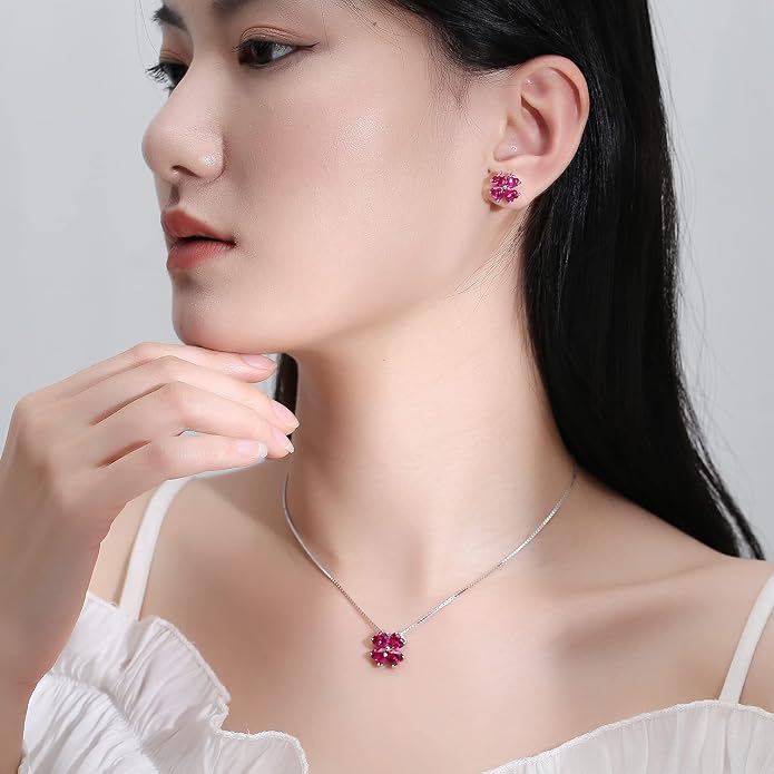 JIANGXIN Colorful Birthstone 925 Sterling Silver Handmade Pendant Necklace for Women Lucky Four Leaf Clover Plant Shamrock Jewelry Rhodium Plated