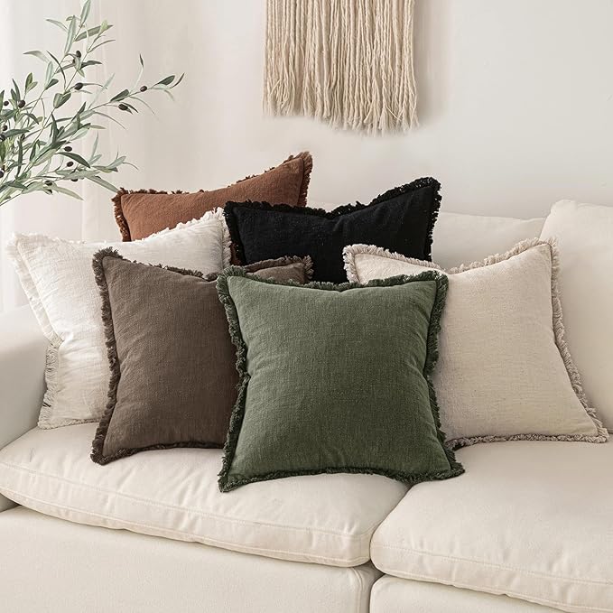 MIULEE Decorative Throw Pillow Covers Neutral Linen Fringe Throw Pillows Set of 2 Chocolate Brown Boho Farmhouse Cushion Covers with Tassels for Couch Sofa Bed Living Room Fall Decor 18x18 Inch