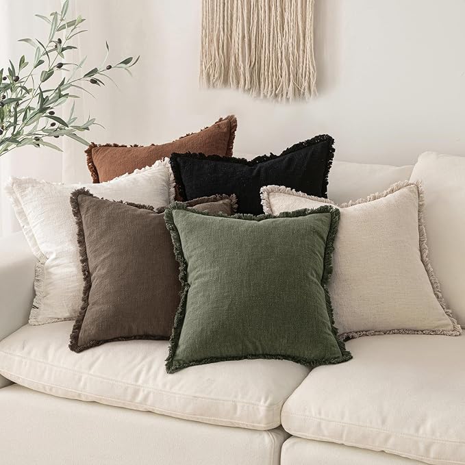 MIULEE Decorative Throw Pillow Covers Neutral Linen Fringe Throw Pillows Euro Shams Set of 2 Chocolate Brown Boho Farmhouse Cushion Covers for Couch Sofa Bed Living Room Fall Home Decor 26x26 Inch