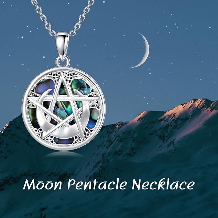 YFN Triple Moon Goddess Necklace Sterling Silver Pentagram Pentacle Opal Pendant necklace Pagan Wiccan Magic Amulet Tree of Life Jewelry for Women Men 18"