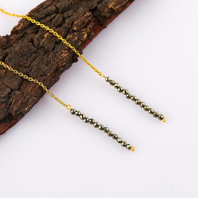 Natural Gemstone Threader Earrings for Women - Dainty 2mm Faceted Beads - Birthstone Crystal Drop Earrings - Silver Plated Healing Jewelry