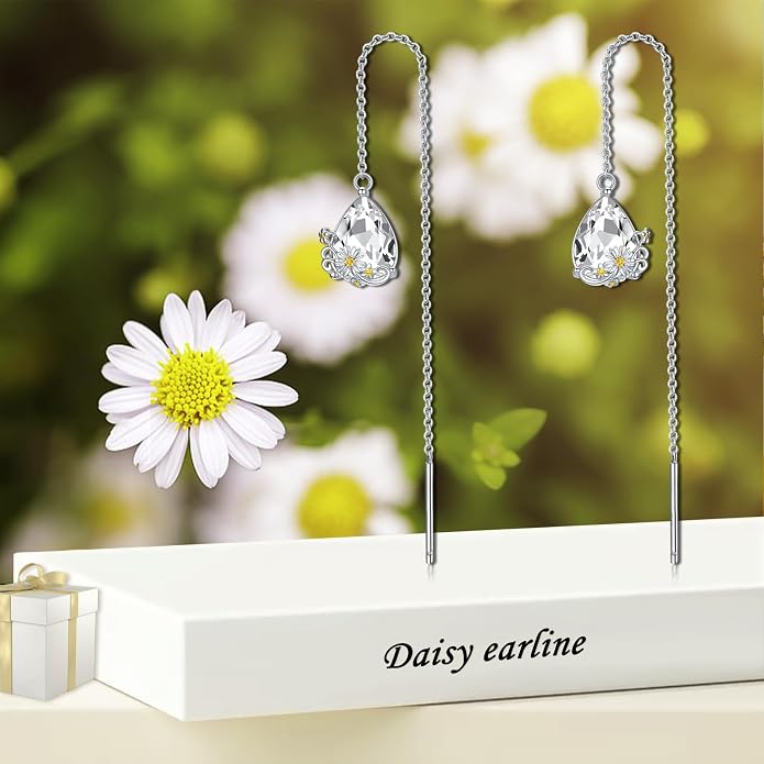 TIGERRIDER Mushroom/Daisy Flower Threader Earrings for Women Sterling Silver Mushroom Through Long Chains Earrings Jewelry Birthday Gifts