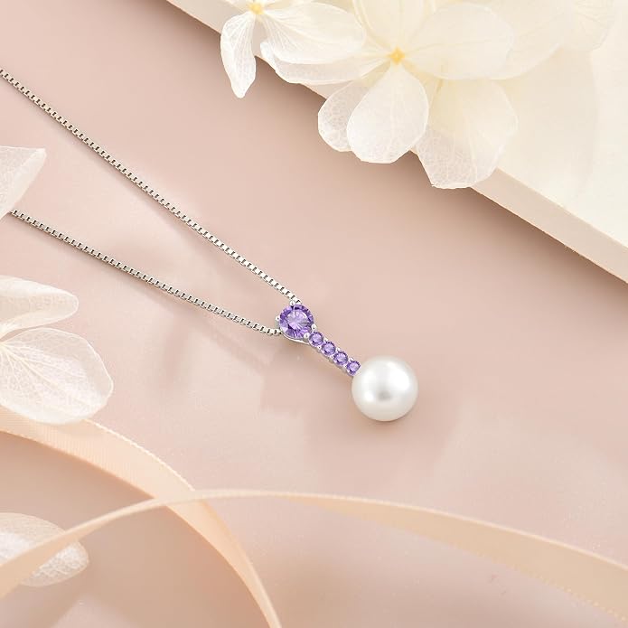 Pearl Necklace for Women, 925 Sterling Silver Dainty Round Freshwater Pearl with 5A Zircon Pendant Ideal Birthstone Jewelry Gifts for Her