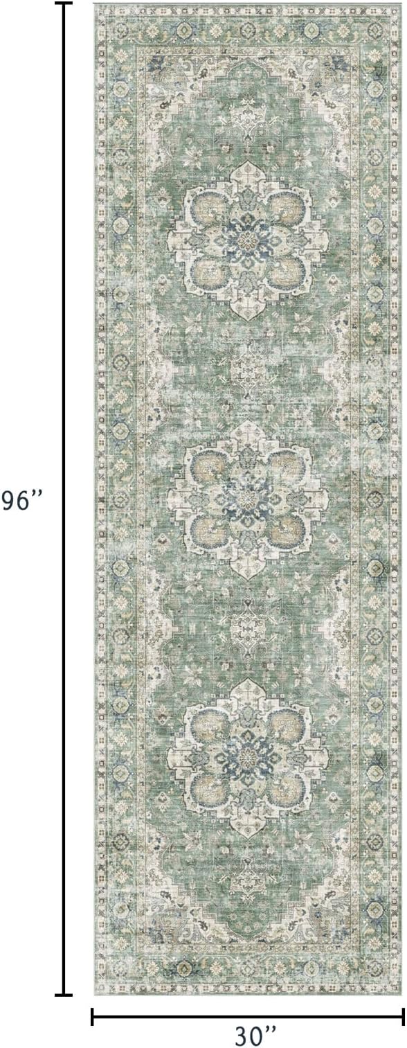 LUXRUG Kitchen Runner Rugs Non Skid Washable - 2.5x8ft Long Sage Green Farmhouse Boho Hallway Runner Rug Low Pile Soft Vintage Farmhouse Oriental Carpet for Hallway Laundry Room Entryway Bedroom