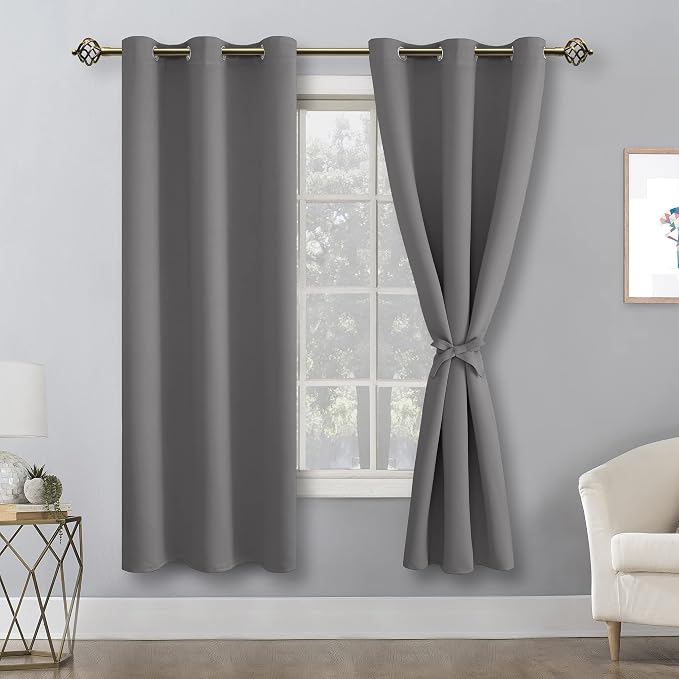 Hiasan Blackout Curtains for Bedroom, 38 x 63 Inches Length - Thermal Insulated & Light Blocking Window Curtains for Living Room, 2 Drape Panels Sewn with Tiebacks, Light Grey