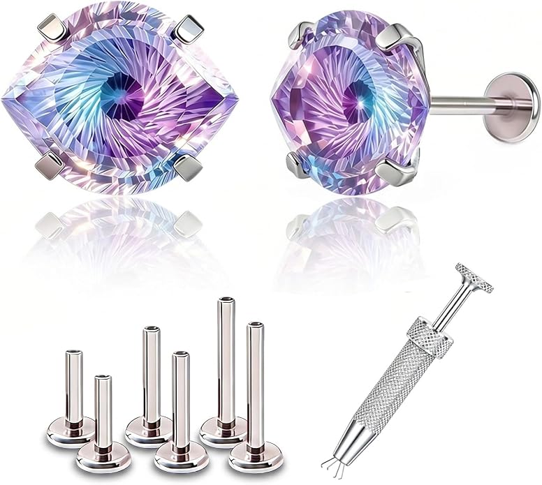Flat Back Titanium Stud Earrings, Hypoallergenic G23 Titanium Eye Cut Cubic Zirconia Piercing,Eyebrow Versatile Labret Lip Cartilage Helix Sleeper 18G Punk style Jewelry for Women Men