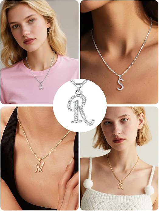 U7 Initial Necklace for Women, Gold/Platinum Plated CZ Crystal Letter A-Z Pendant Necklace, Shiny 20 Inch Name Chain Dainty Personalized Jewelry for Men Mom Wife Friend