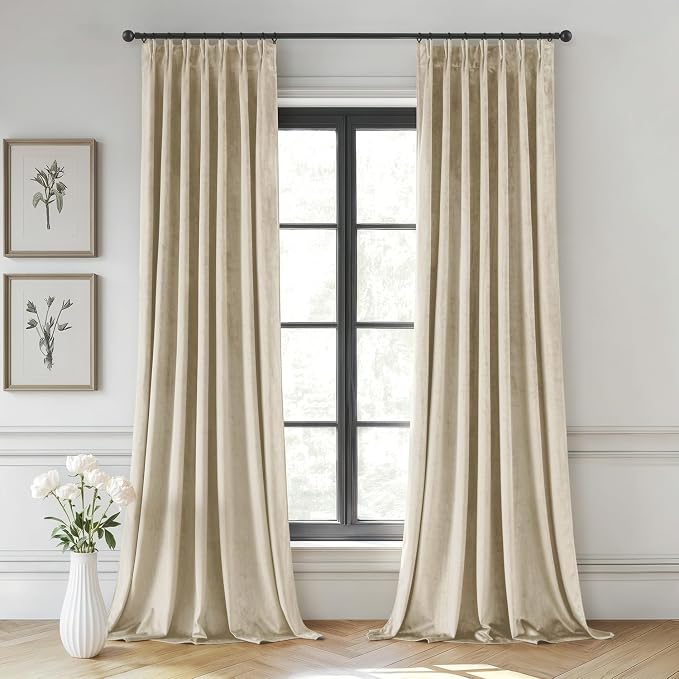 MIULEE Beige Velvet Curtains 96 inches Long, Pinch Pleated Blackout Drapes with Hooks, Thermal Insulated Pinch Pleat Panels for Bedroom Living Room, 2 Panels
