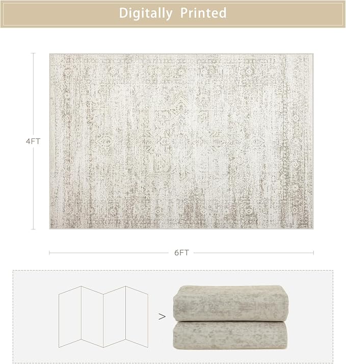 Srugn Washable Rugs 4x6 Area Rugs for Living Room,Bedroom,Kids Room,Nursery- Ultra Soft Faux Wool Small Carpets,Non Slip&Non-Shedding Low Pile Vintage Print Rugs for Enterway,Home Office Decor