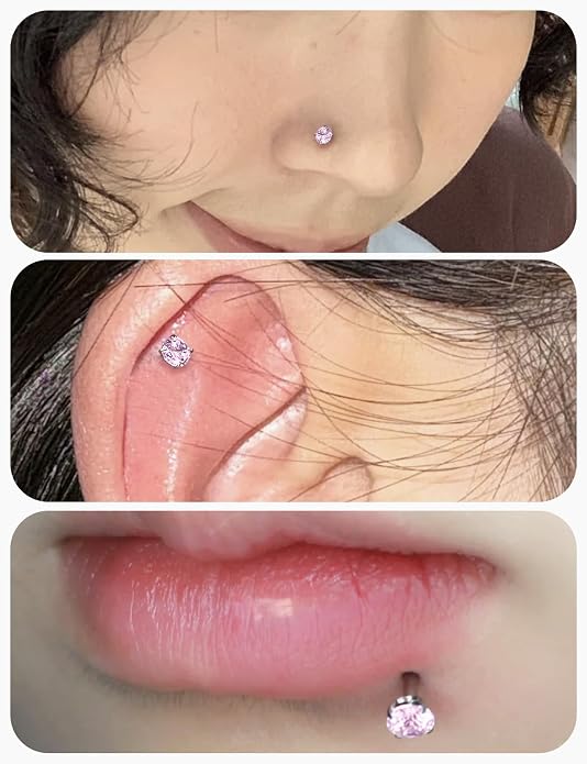 20G 18G 16G Astm F136 Titanium Internally Threaded Flat Back Earrings Nose Rings Studs G23 Titanium Tragus Helix Conch Cartilage Earrings Studs Piercing Jewelry For Women Men Clear Pink CZ