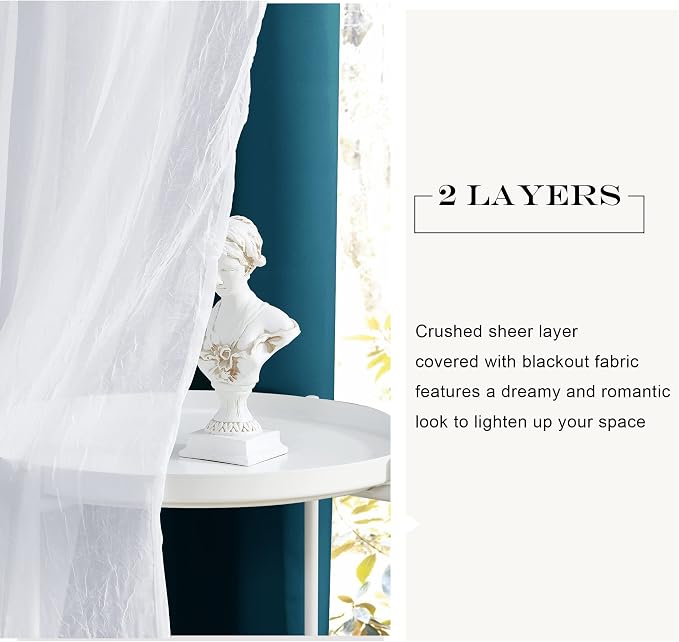 PONY DANCE 2 Layers Curtains Set - Room Darkening Mix & Match Room Darkening Curtains with White Sheer Voile, 52" Wide and 84" Long, Ink Blue, 2 Panels