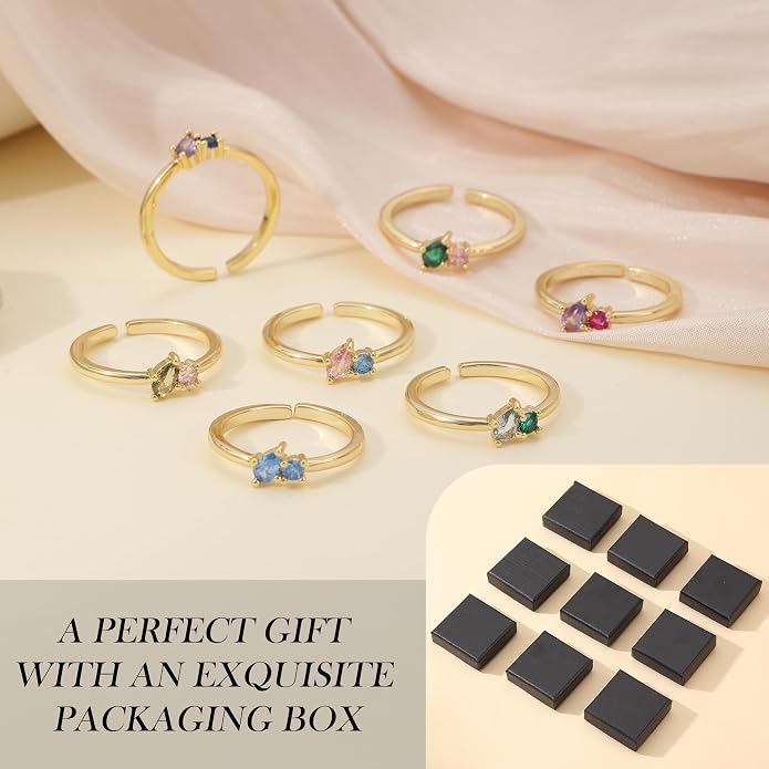 JSJOY Birthstone Rings for Women Dainty Emerald Blue Ring Birthday Gifts for Mom Her Gemstones CZ Ring for Teens Gold Rings That Don't Tarnish Adjustable Ring Jewelry Gifts