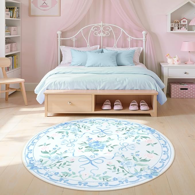 Collive Blue Bow Round Rugs for Girls, 4ft Floral Washable Circle Rug for Bedroom, Cute Ultra-Thin Non Slip Indoor Decor Carpet for Nursery Kids Room Playroom Living Room