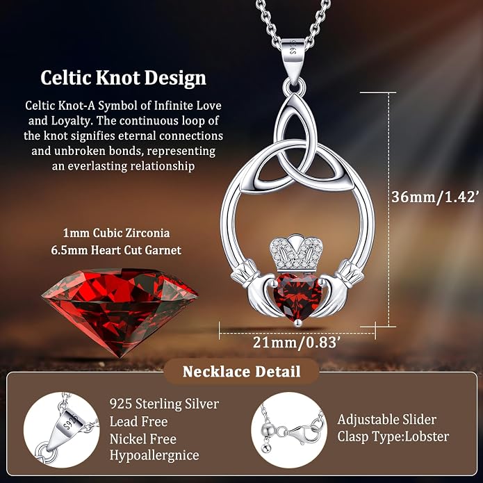 Gift Birthstone Necklaces for Women 925 Sterling Silver Irish Claddagh Necklace for Women Heart Birthstone Pendant Necklace Anniversary Birthday Gifts for Wife Lady Cable Chain 18"+2"