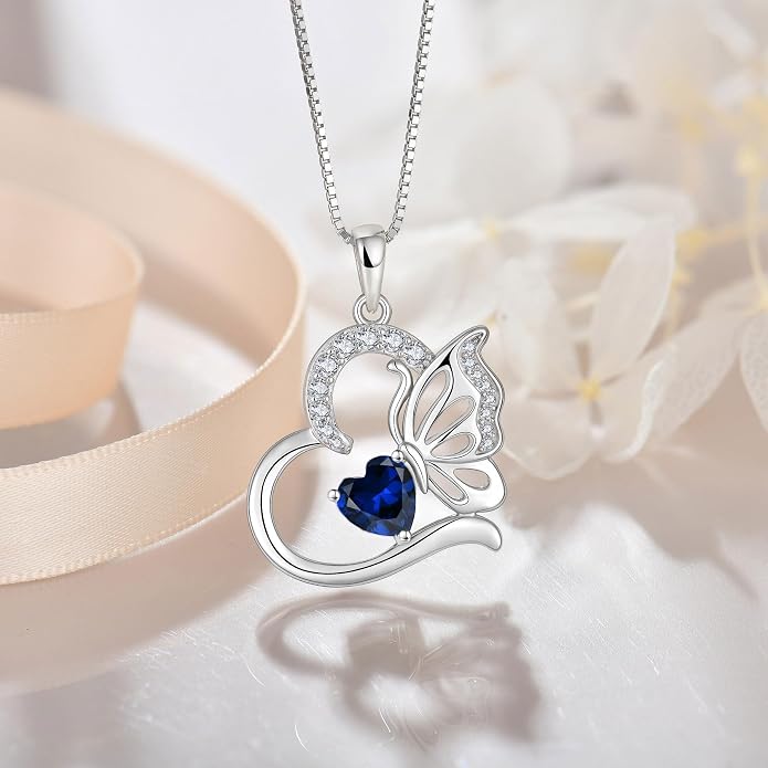 Butterfly Necklace for Women 925 Sterling Silver Heart Pendant Birthstones Jewelry Gift