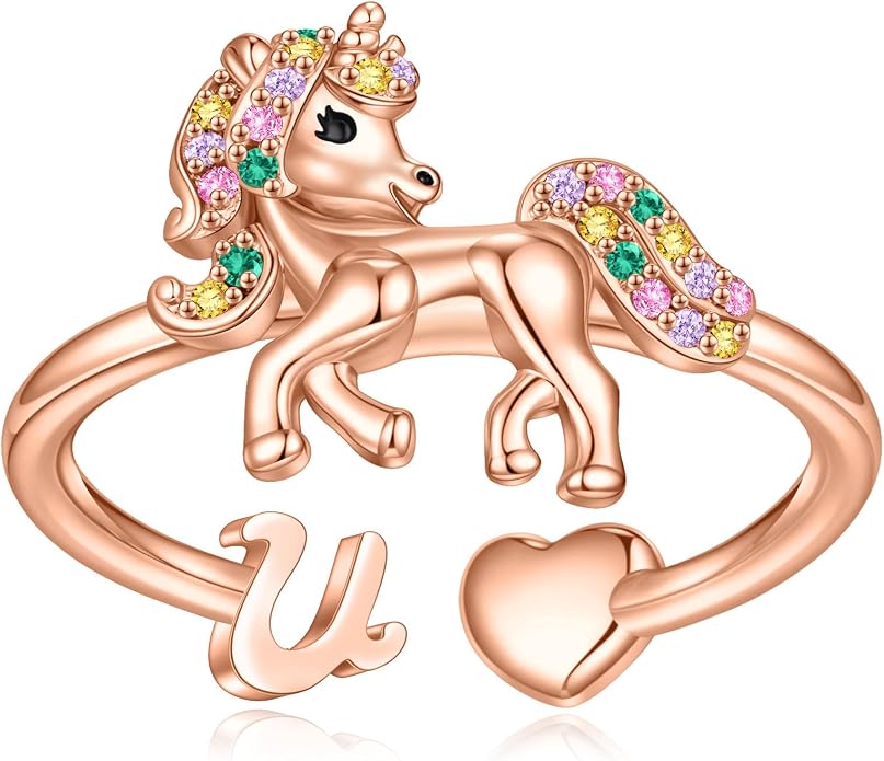 Unicorn Initial Rings for Teen Girls, Rose Gold/White Gold Plated Heart Initial Rings for Girls Adjustable Stackable Rings for Women Diny Heart Ring for Teen Girls Gifts Unicorns Gifts for Girls