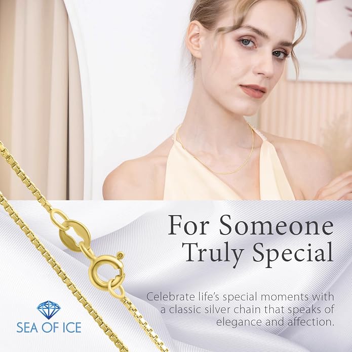 SEA OF ICE Chain Necklace 925 Sterling Silver with Ring Clasp Closure, Italian Box Necklace Chain Necklace for Women & Men, Available in Gold, Rose Gold, Silver, and Black Rhodium, Multisize