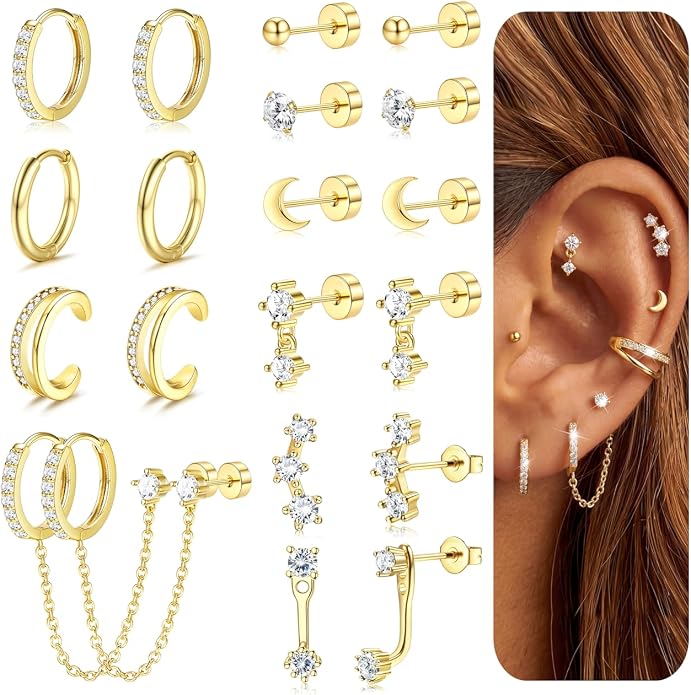 Florideco 14K Gold Plated Earrings for Women Hypoallergenic 20G Surgical Stainless Steel Flat Back Stud Earrings Dainty Stackable Earring Stacks Small Cartilage Earring Sets for Multiple Piercing