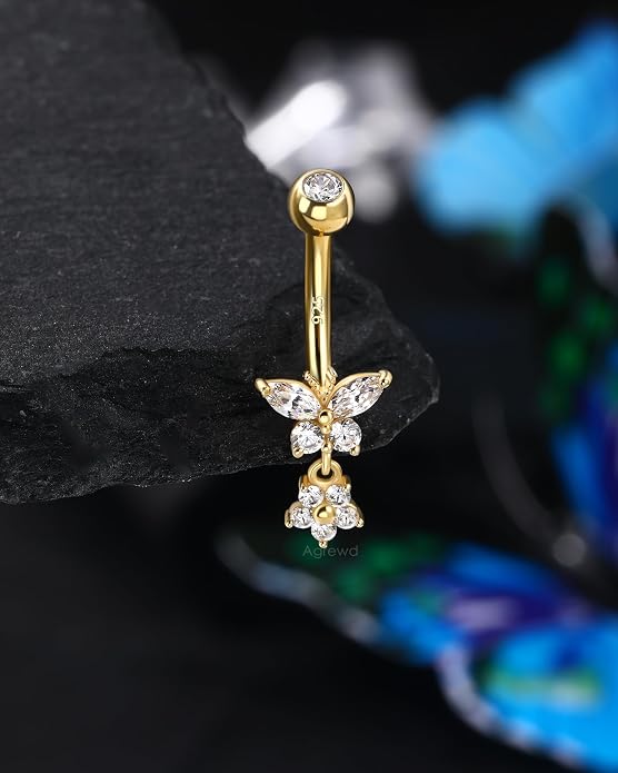 14K Gold Plated Belly Button Rings Dangle Belly Navel Rings for Women 925 Sterling Silver Navel Piercing Jewelry Surgical Steel