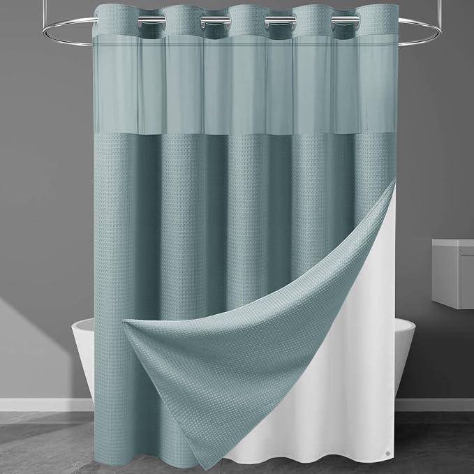 EUTXL Heavyweight Fog Blue Long No Hook Shower Curtain with Snap in Liner,256GSM Waffle Weave Shower Curtains for Bathroom,71W x 86H