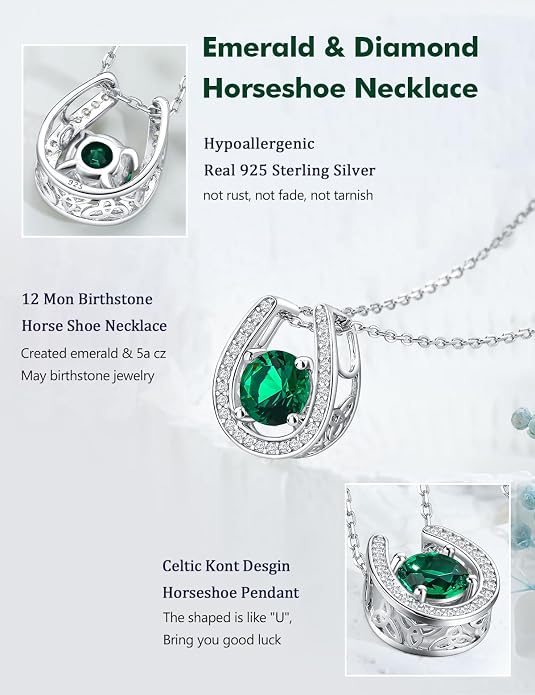 925 Sterling Silver Horseshoe Necklace for Women Round Gemstone Birthstone Necklace Sapphire/Emerald/Ruby/CZ Horse Shoe Pendant Necklaces Jewelry Gift